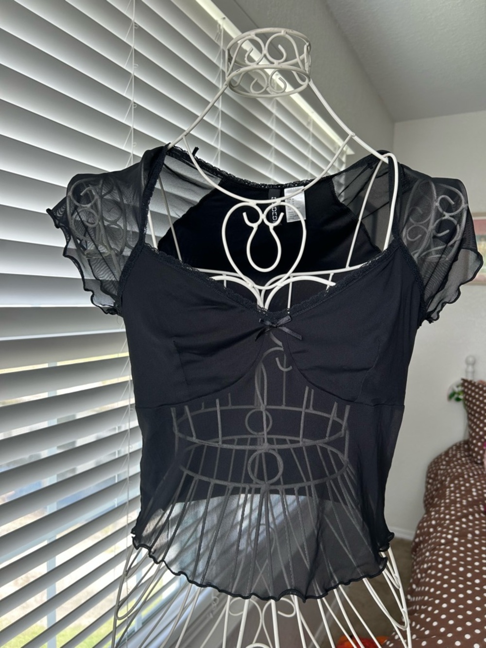 H&M Black Sheer Mesh Crop Top with Cap Sleeves